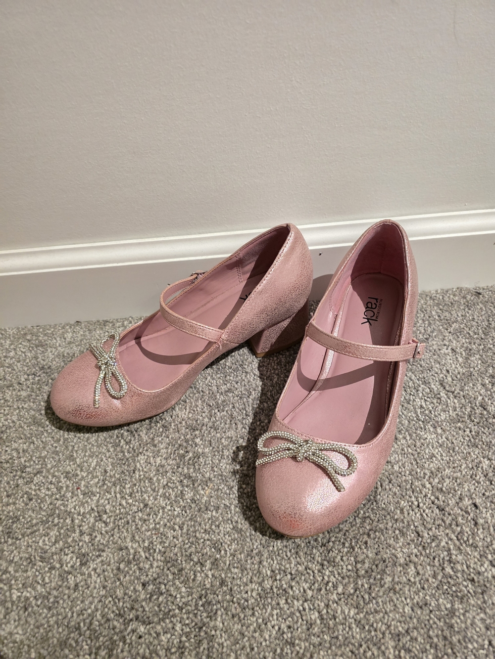 Flocked Pink Mary Jane Dress Shoes with Rhinestone Bow - Size 3
